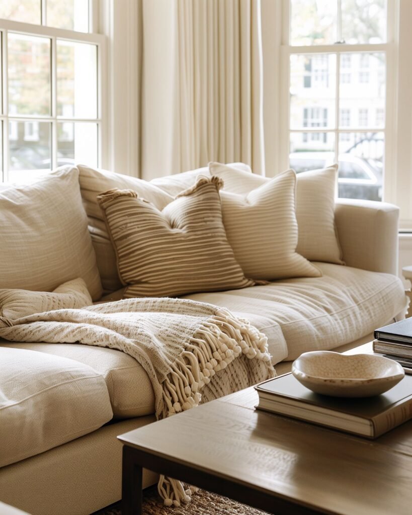 Cozy timeless living room with styled linen sofa and warm natural light