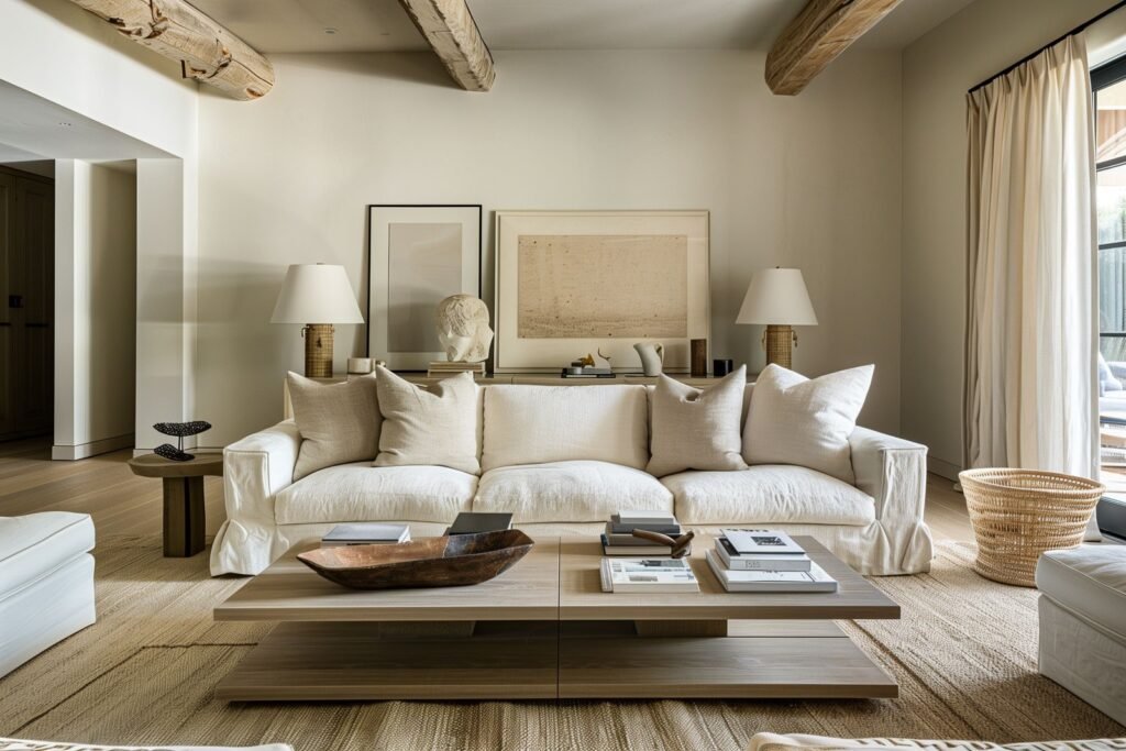Living room with properly proportioned linen sofa and breathing room on both sides