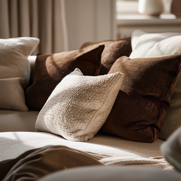 Sofa cushions mixing bouclé texture with deep chocolate brown tones