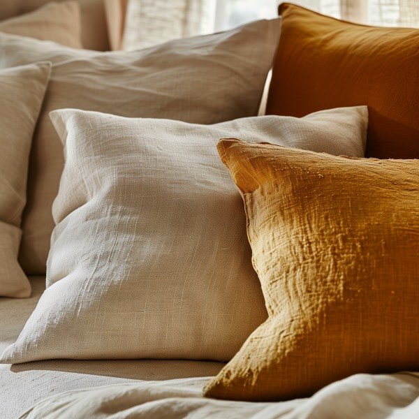 Sofa cushions pairing natural linen with mustard and ochre accent tones