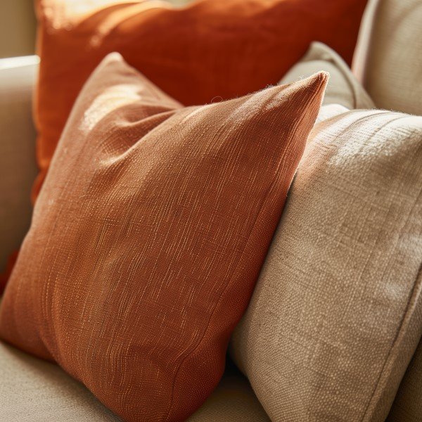 Sofa cushions in warm linen and terracotta tones showing fabric texture contrast