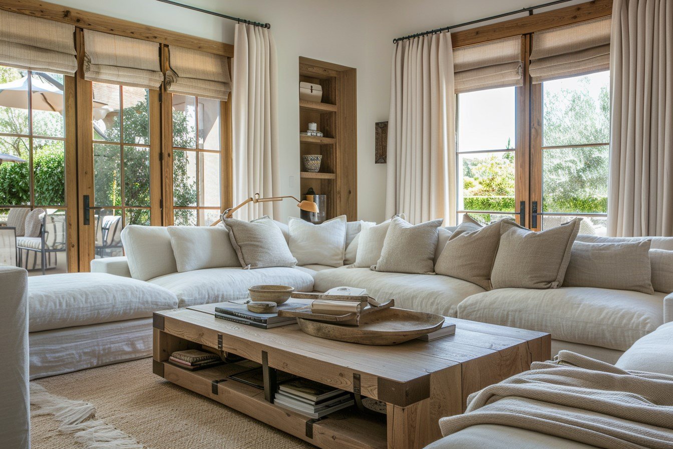Warm transitional living room with beige linen sofa and oak coffee table