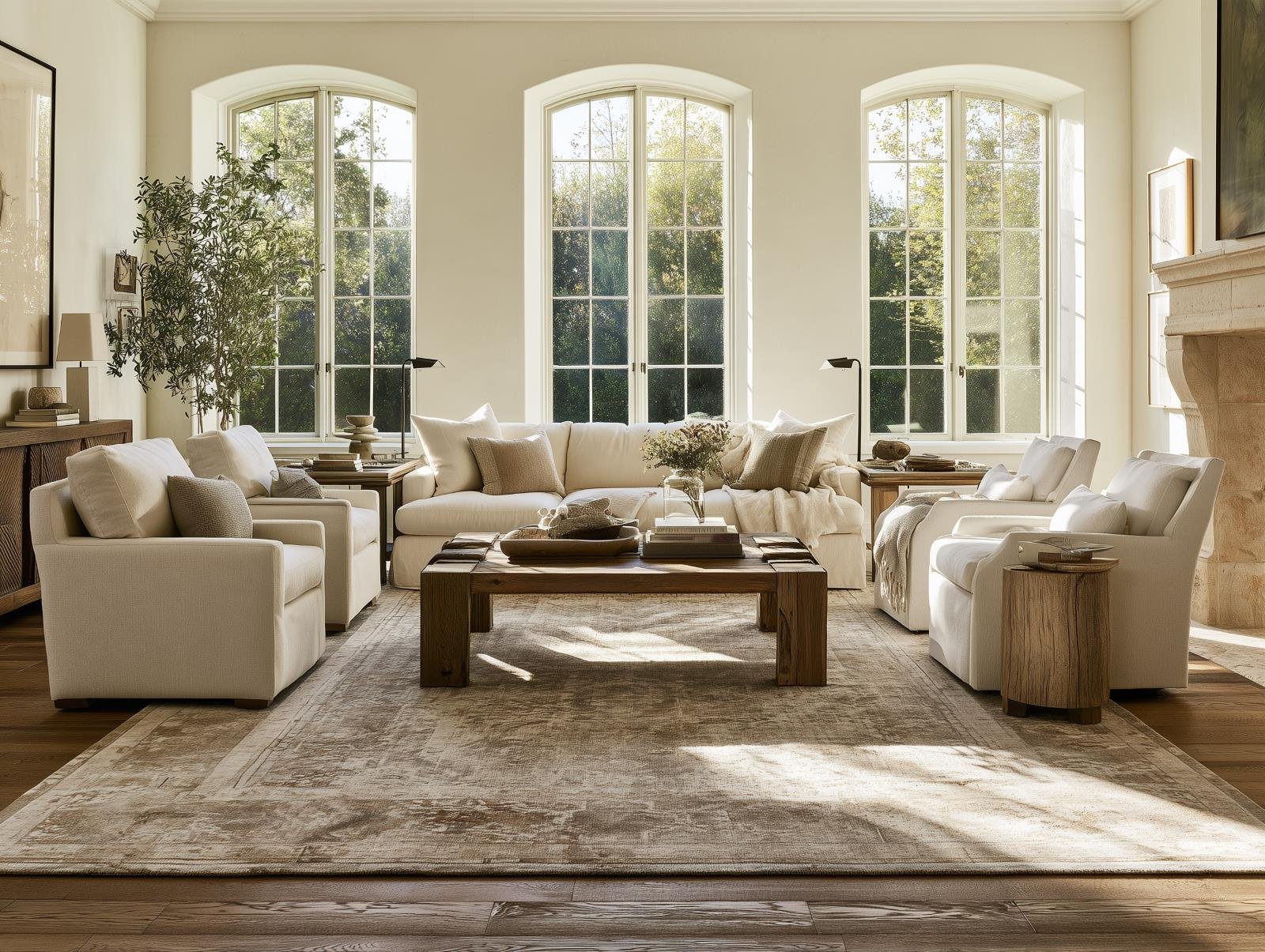 How to choose an area rug for a warm living room with a balanced furniture arrangement