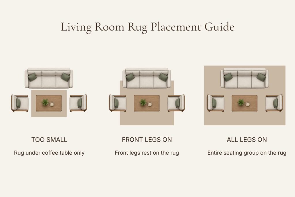 Living room rug placement guide showing too-small, front-legs-on, and all-legs-on arrangements