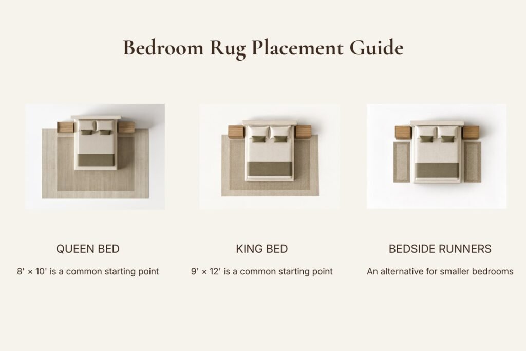 Bedroom rug placement guide showing area rug sizes for queen and king beds and bedside runners