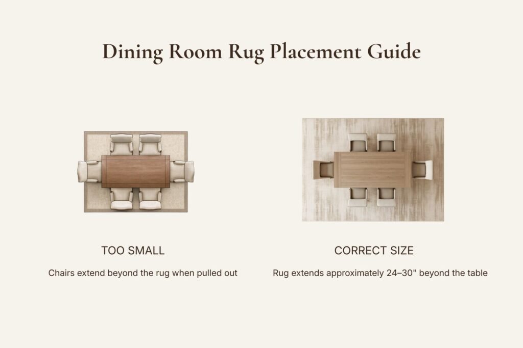 Dining room rug placement guide showing the correct rug size for a table and pulled-out chairs
