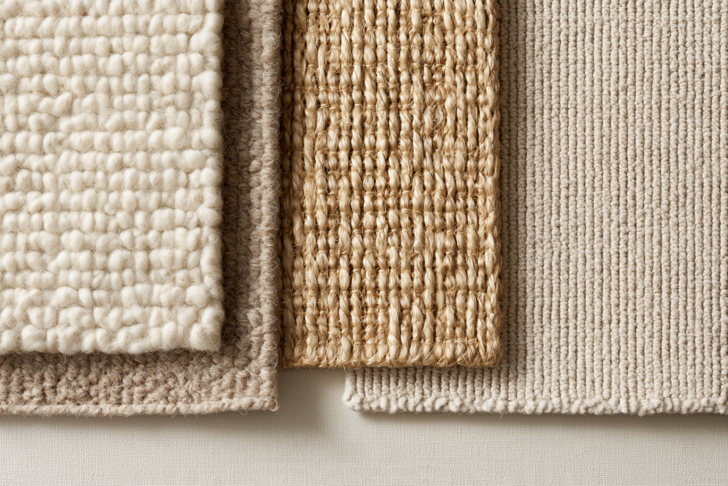 Close-up comparison of wool, natural fiber, and low-pile area rug textures