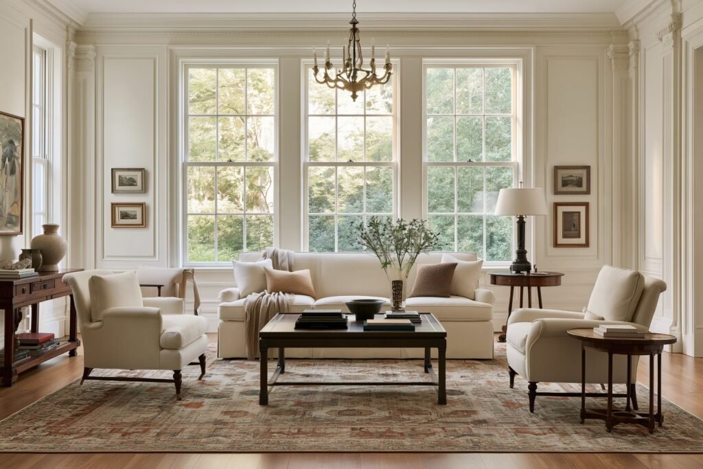 Elegant traditional living room with a Persian-inspired area rug and classic architectural details