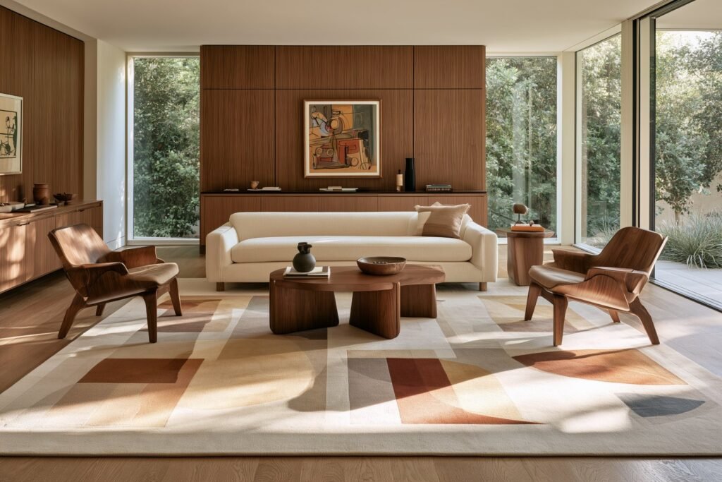 Mid-Century Modern living room with a geometric area rug anchoring the seating arrangement
