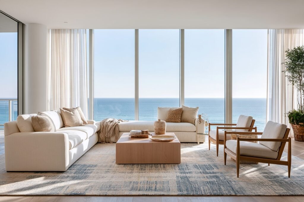 Sophisticated coastal living room with a neutral area rug and waterfront view