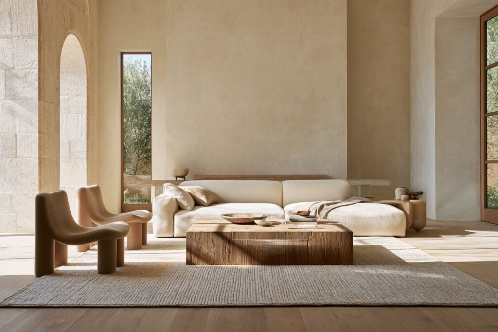 Organic Modern living room with a textured neutral wool area rug