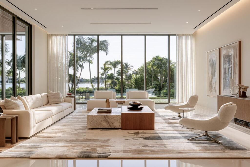 Modern contemporary living room with an abstract area rug anchoring the seating area