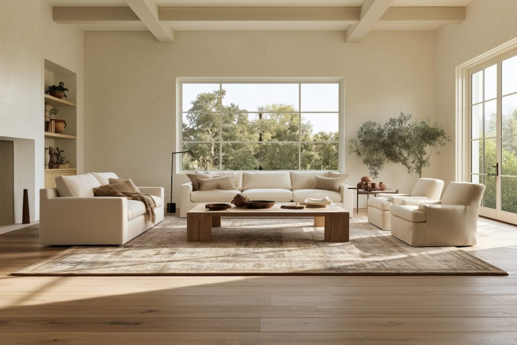 Modern Farmhouse living room with a vintage-inspired area rug anchoring the seating area