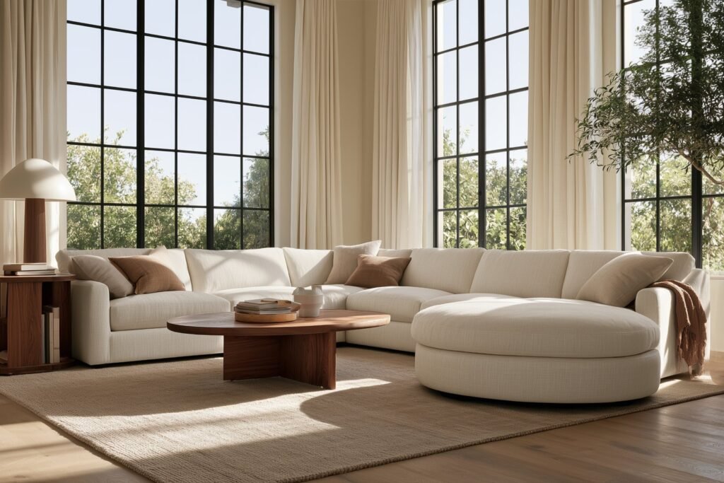 Round wood coffee table paired with a beige L-shaped sectional with a curved chaise, in a living room with a large window behind the sofa