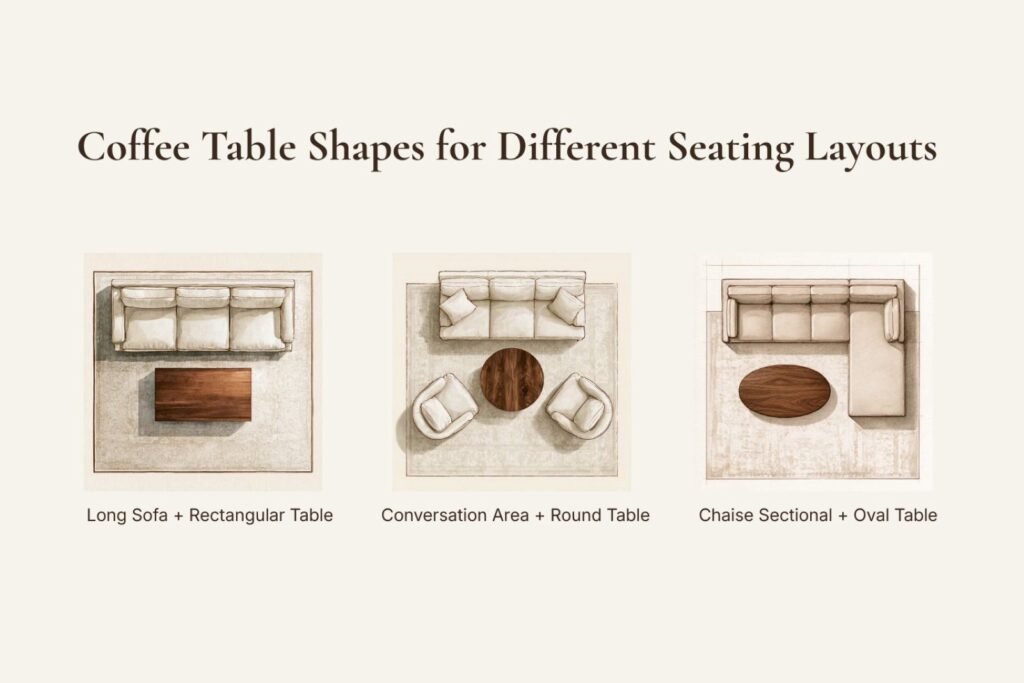 Coffee table shapes for three seating layouts: a rectangular table with a long sofa, a round table with a sofa and two chairs, and an oval table with a chaise sectional