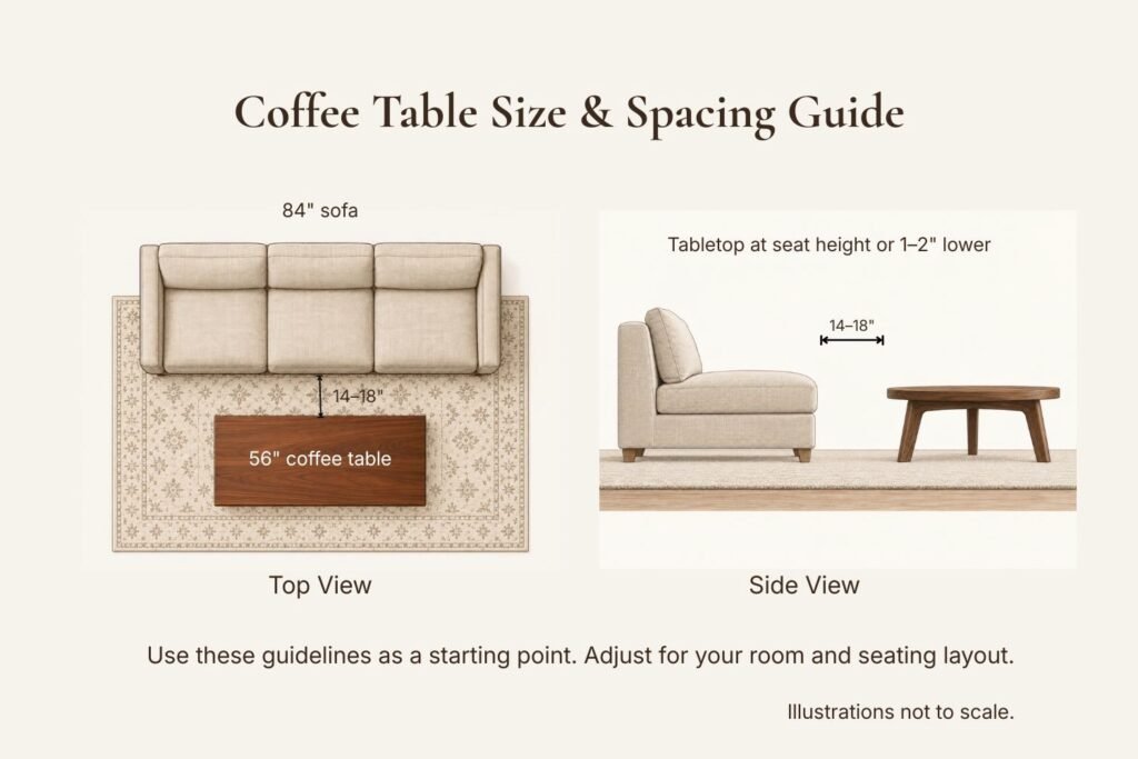 Coffee table size and spacing guide showing an 84-inch sofa, a 56-inch table, 14–18 inches of clearance, and a tabletop at seat height or slightly lower