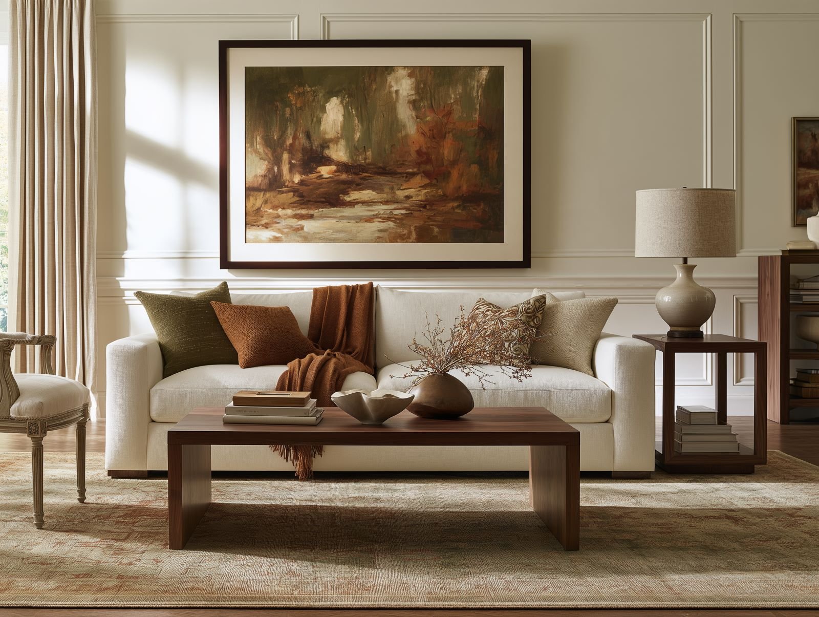 Living room illustrating how to choose a coffee table, with a rectangular wood table paired with an ivory sofa