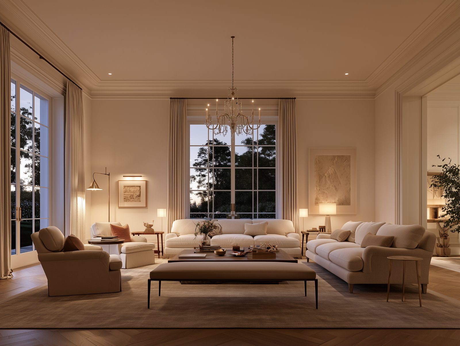 How to layer lighting in a warm living room with ceiling, table, and floor lighting