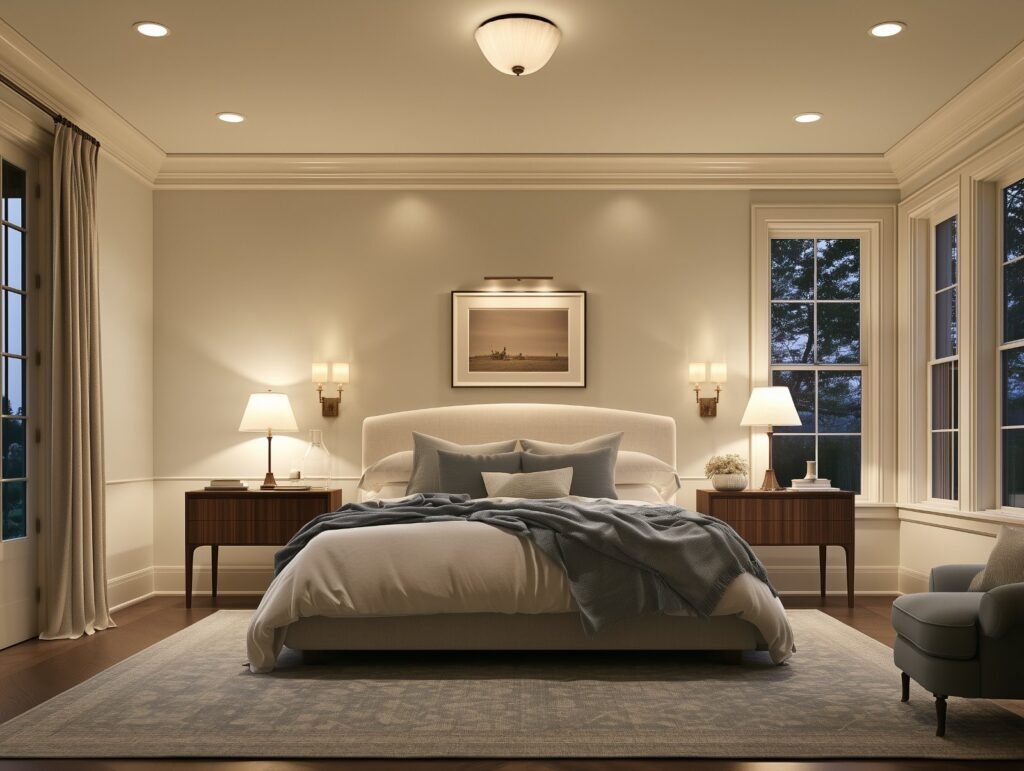 Layered bedroom lighting with ambient, bedside task, and accent lighting