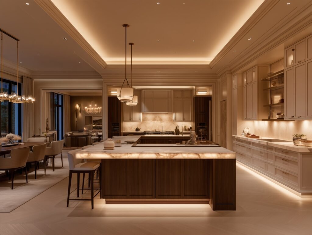 Layered lighting in an open kitchen and dining room with task and decorative lighting