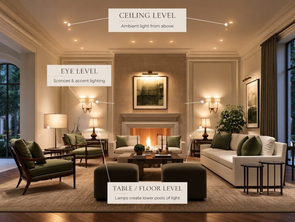 Layered lighting at ceiling, eye, and table or floor level in a living room