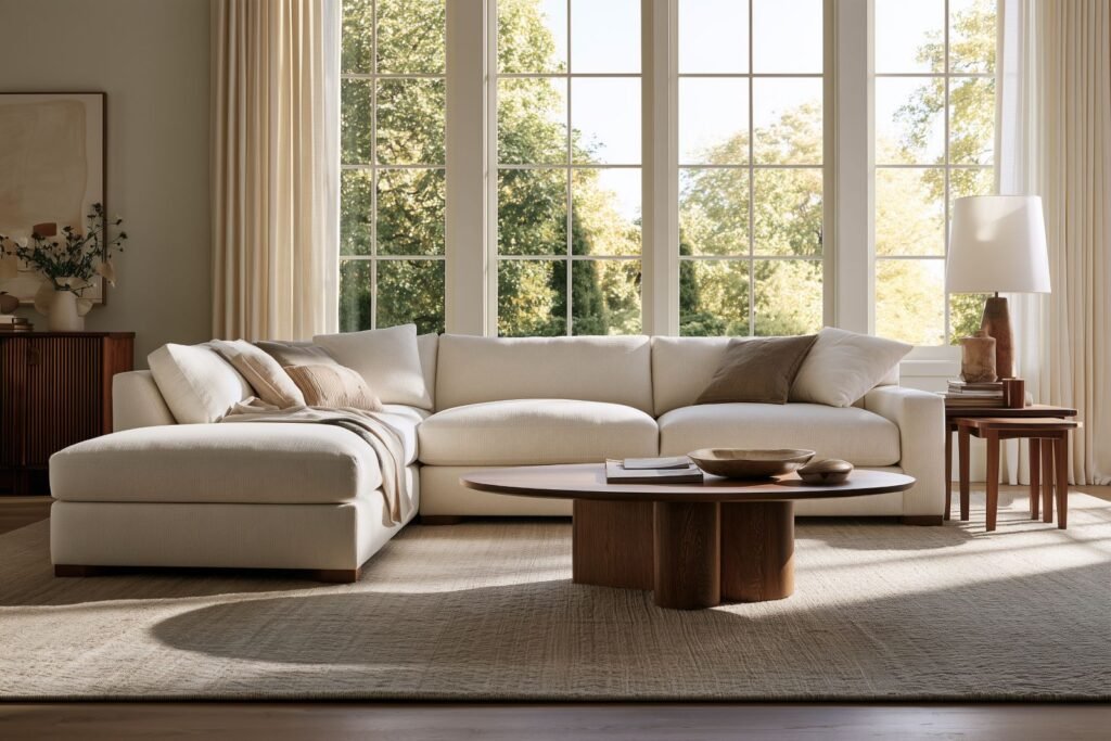 Oval wood coffee table paired with an L-shaped sectional and chaise in a warm transitional living room