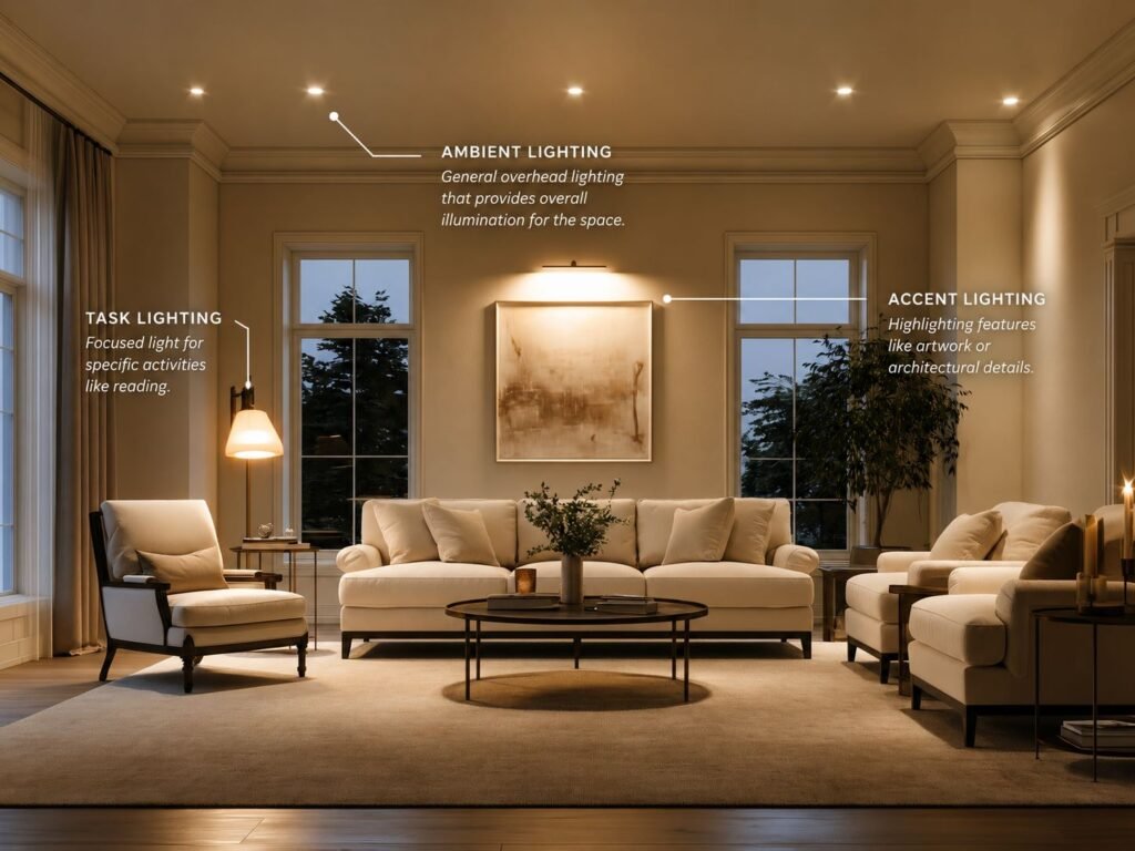 Ambient, task, and accent lighting illustrated in a layered living room