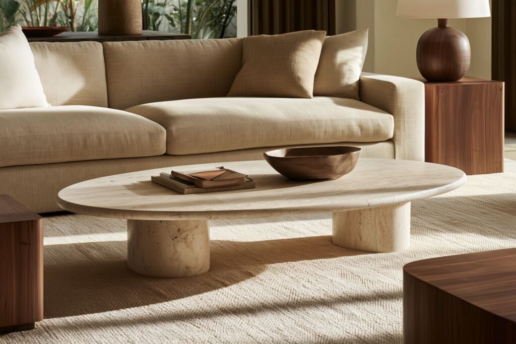 Oval travertine coffee table paired with a beige sofa and textured neutral rug in a transitional living room