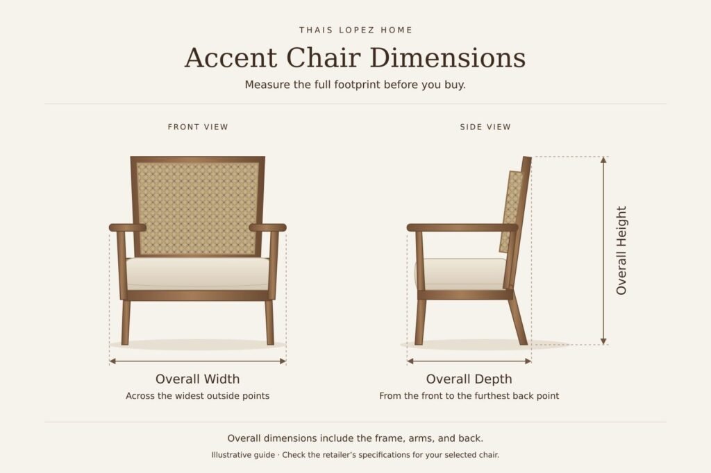 How to choose an accent chair: front and side illustrations showing overall width, depth, and height.