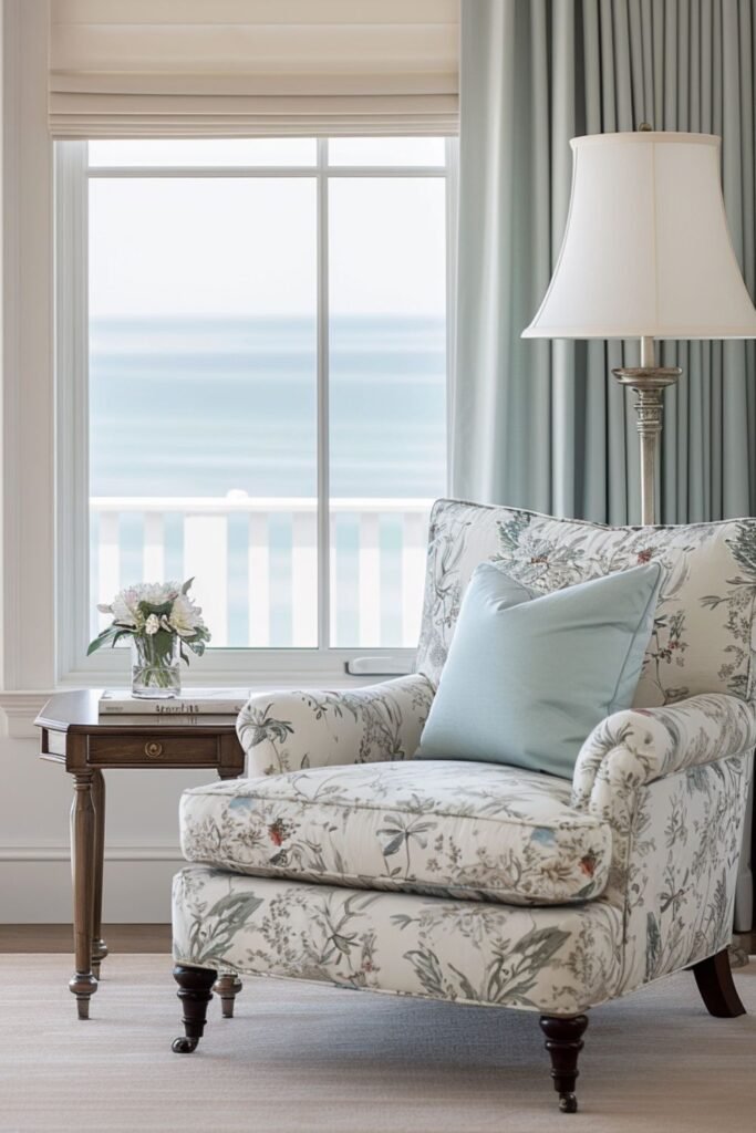 Botanical-print accent chair with a pale blue pillow, wooden side table, and floor lamp beside an ocean-view window.
