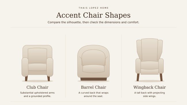 Illustrated comparison of club, barrel, and wingback accent chair shapes.