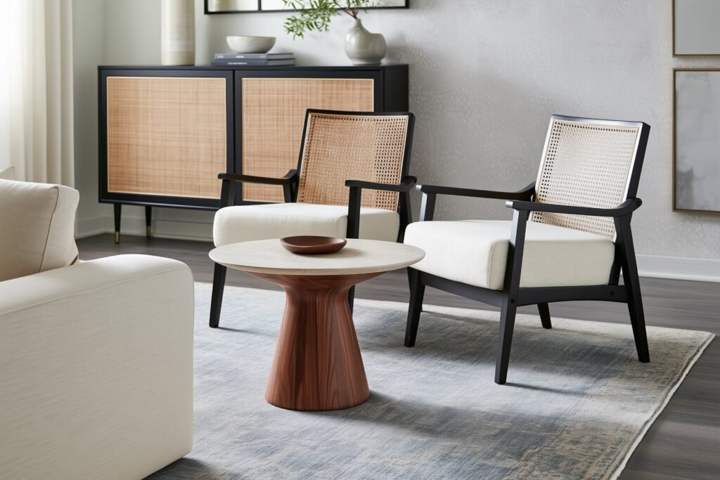 Two dark wood and cane accent chairs with ivory cushions beside a round coffee table and a muted blue patterned rug.