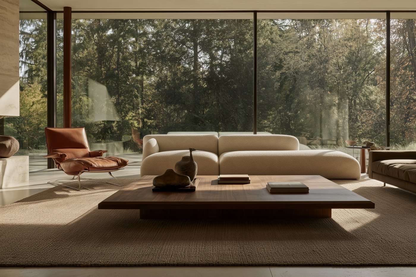 Contemporary living room with a curved ivory sectional sofa, low wood coffee table, and large textured rug, illustrating how to avoid common decorating mistakes.