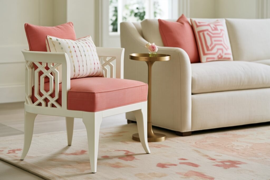 Coral accent chair with a white fretwork frame beside a cream sofa with coordinating coral pillows and a brass side table.
