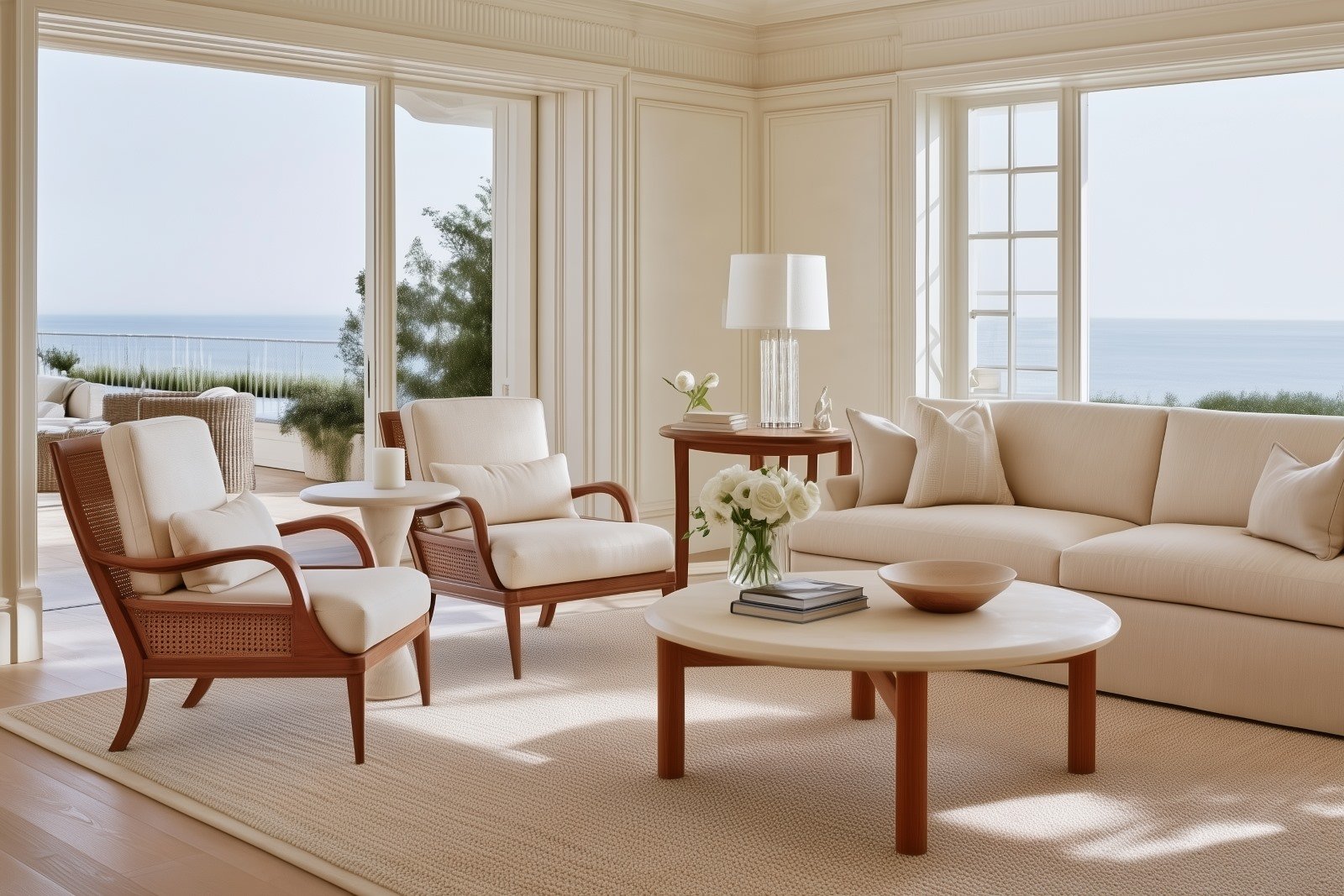 Two wood-and-cane accent chairs with ivory cushions paired with a cream sofa in an ocean-view living room.