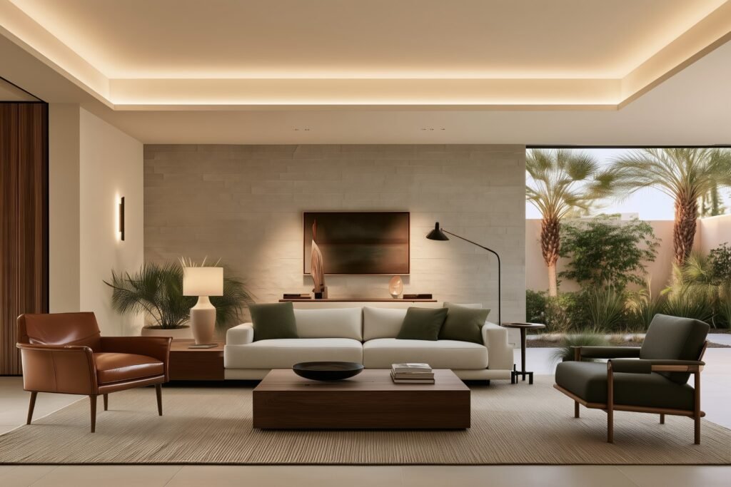 Contemporary living room with layered lighting, including ceiling cove lights, wall sconces, and a floor lamp, creating a bright and balanced interior.