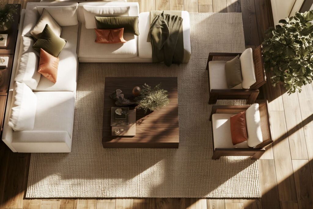 Overhead view of a contemporary living room showing a balanced furniture layout with a cream sofa, wood-framed chairs, coffee table, and large area rug.