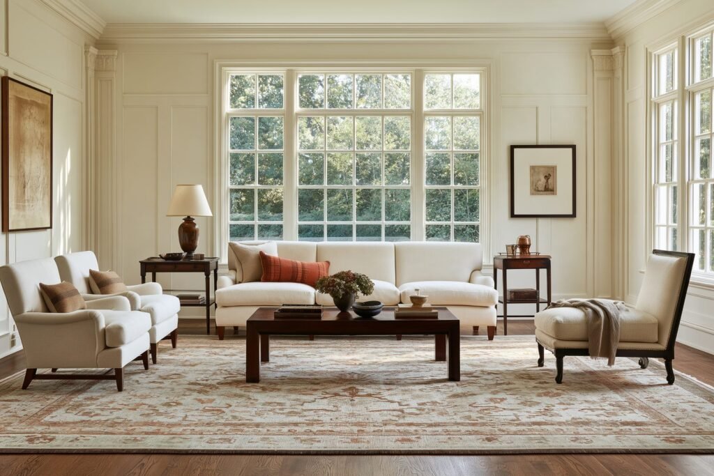 Elegant living room with a generously sized patterned area rug anchoring the sofa, armchairs, and coffee table in a balanced furniture arrangement.