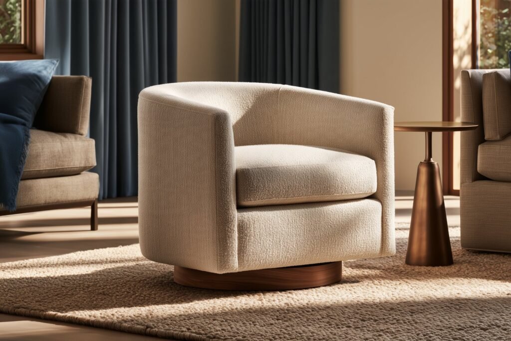 Beige upholstered swivel accent chair with a circular wood base beside a bronze side table.
