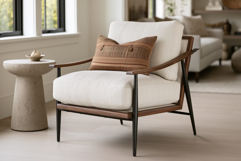 White upholstered accent chair styled with a decorative throw pillow.