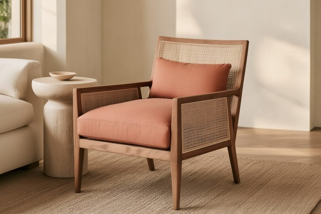 Wood-frame accent chair with woven cane panels and terracotta cushions beside a cream sofa.